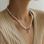 Ruby Zircon Drop Pearl Beaded Necklace