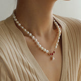 Ruby Zircon Drop Pearl Beaded Necklace