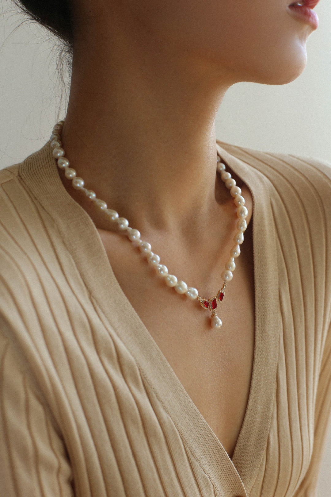 Ruby Zircon Drop Pearl Beaded Necklace