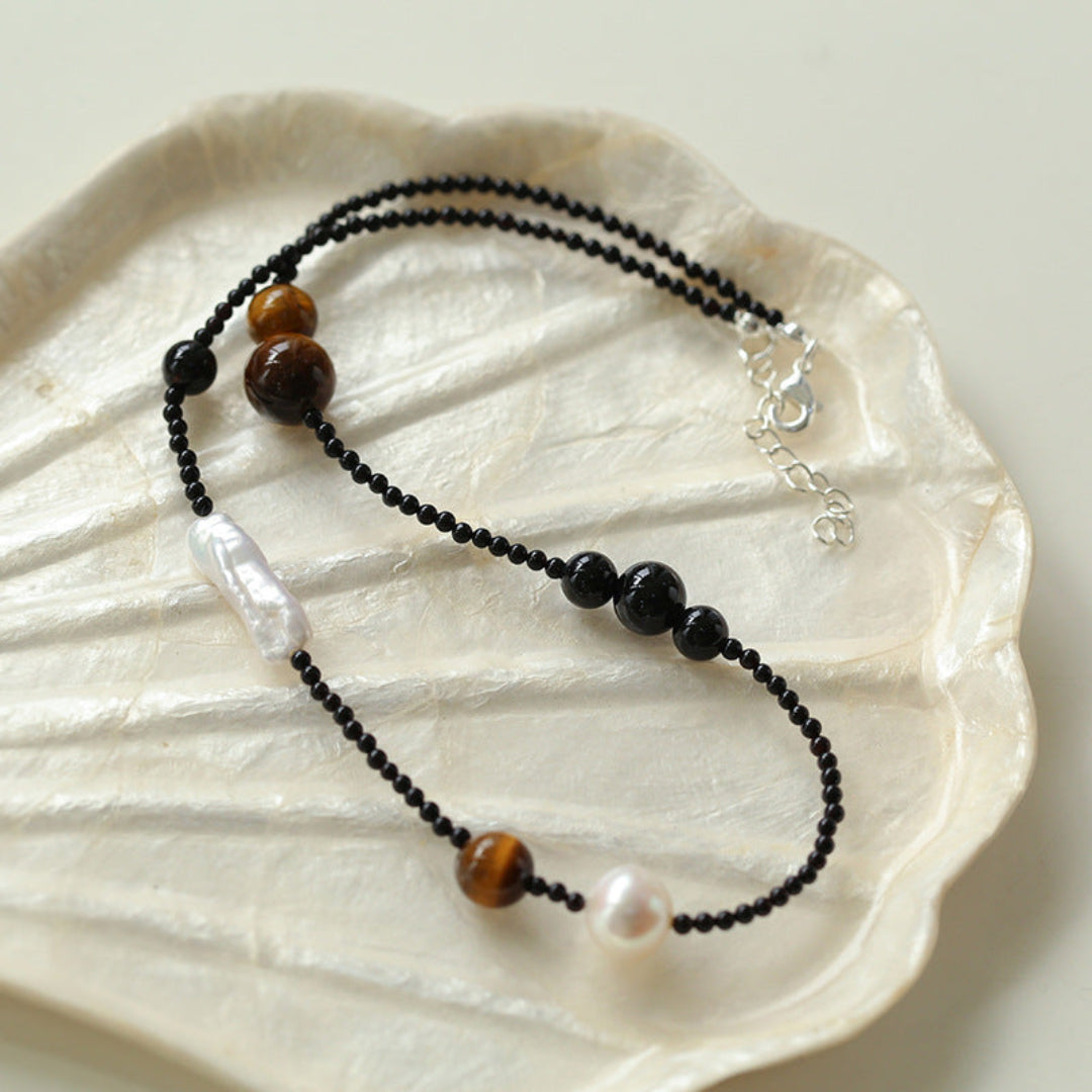 Simple Pearl Black Agate Tiger Eye Stone Necklace