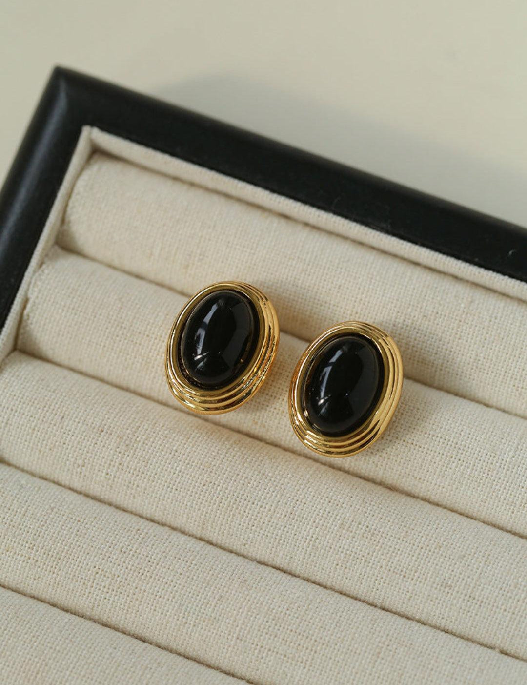 Oval Tiger Eye Stone Black Agate Earrings - Gembea Jewelry