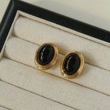 Oval Tiger Eye Stone Black Agate Earrings