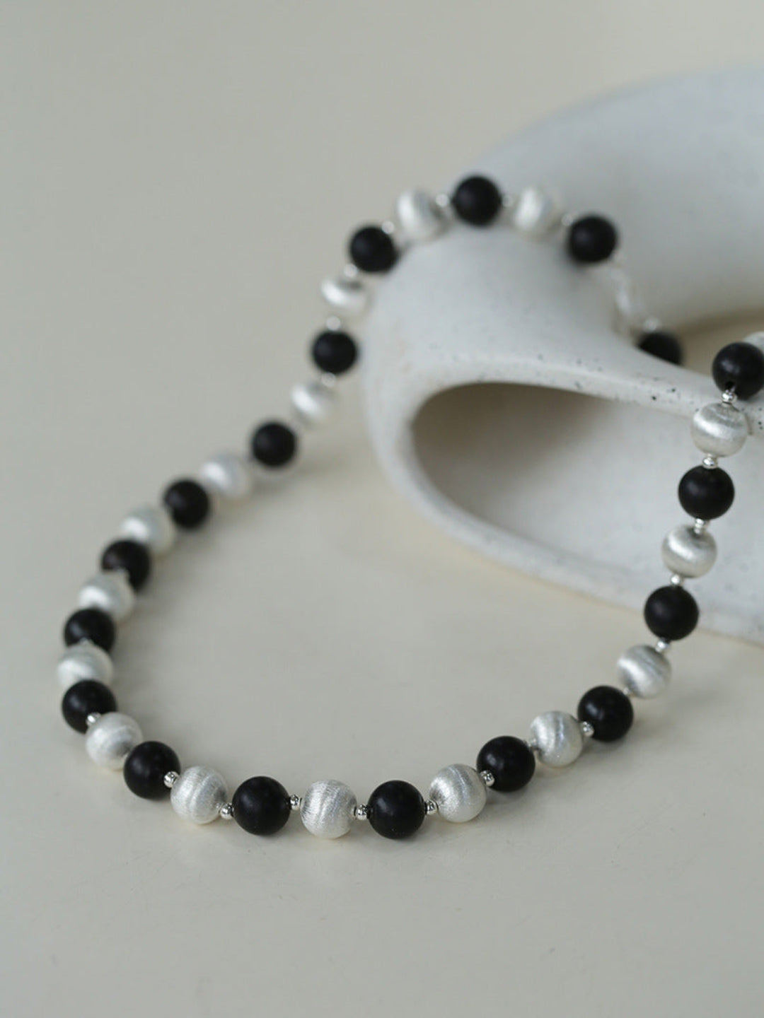 Ebony and Silver Ball Brushed Beaded Necklace