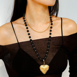 Double Layer Black Agate Large Love Pendant Necklace