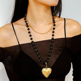 Double Layer Black Agate Large Love Pendant Necklace