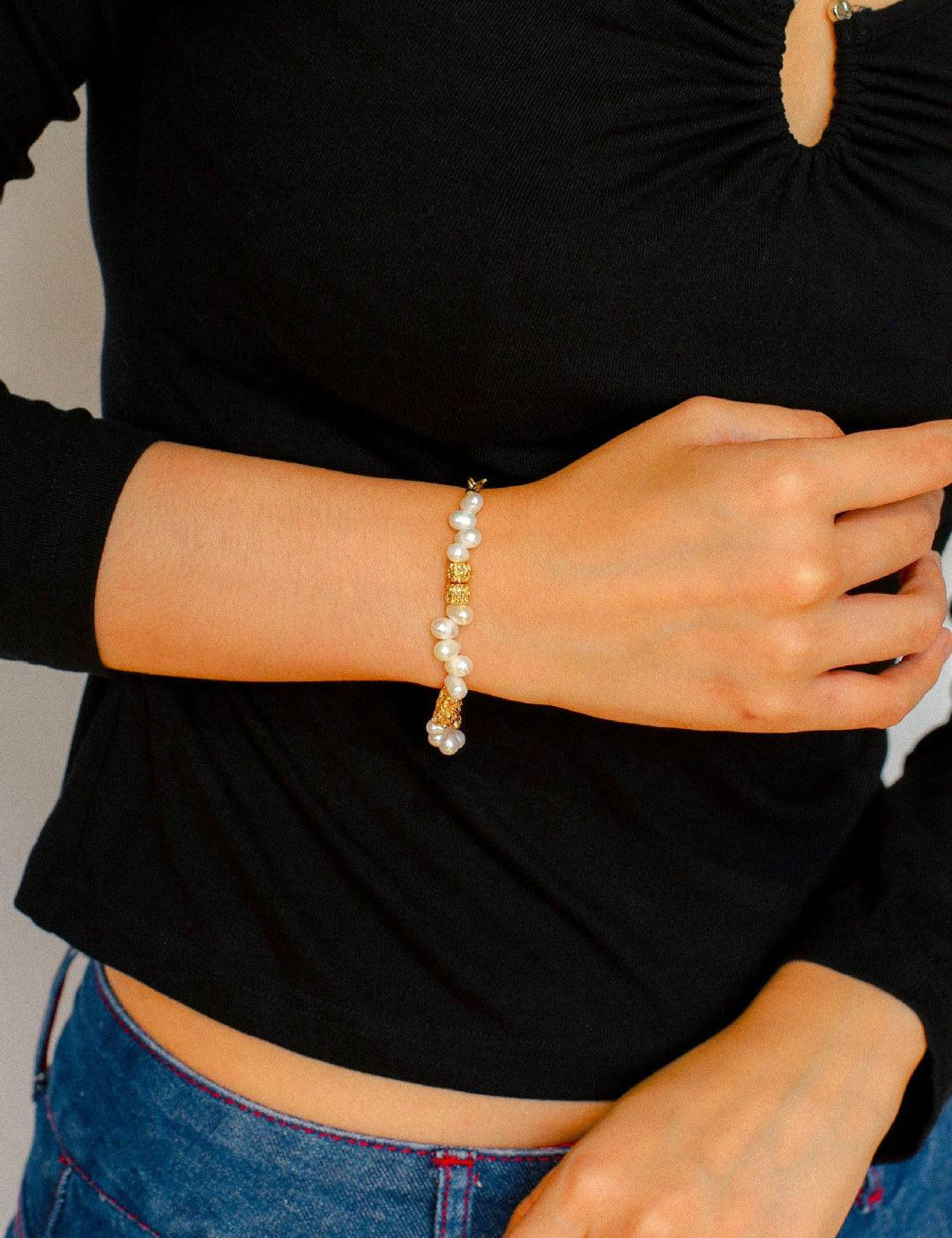 Lava Metal Gold Beans Scattered Pearl Bracelet - Gembea Jewelry