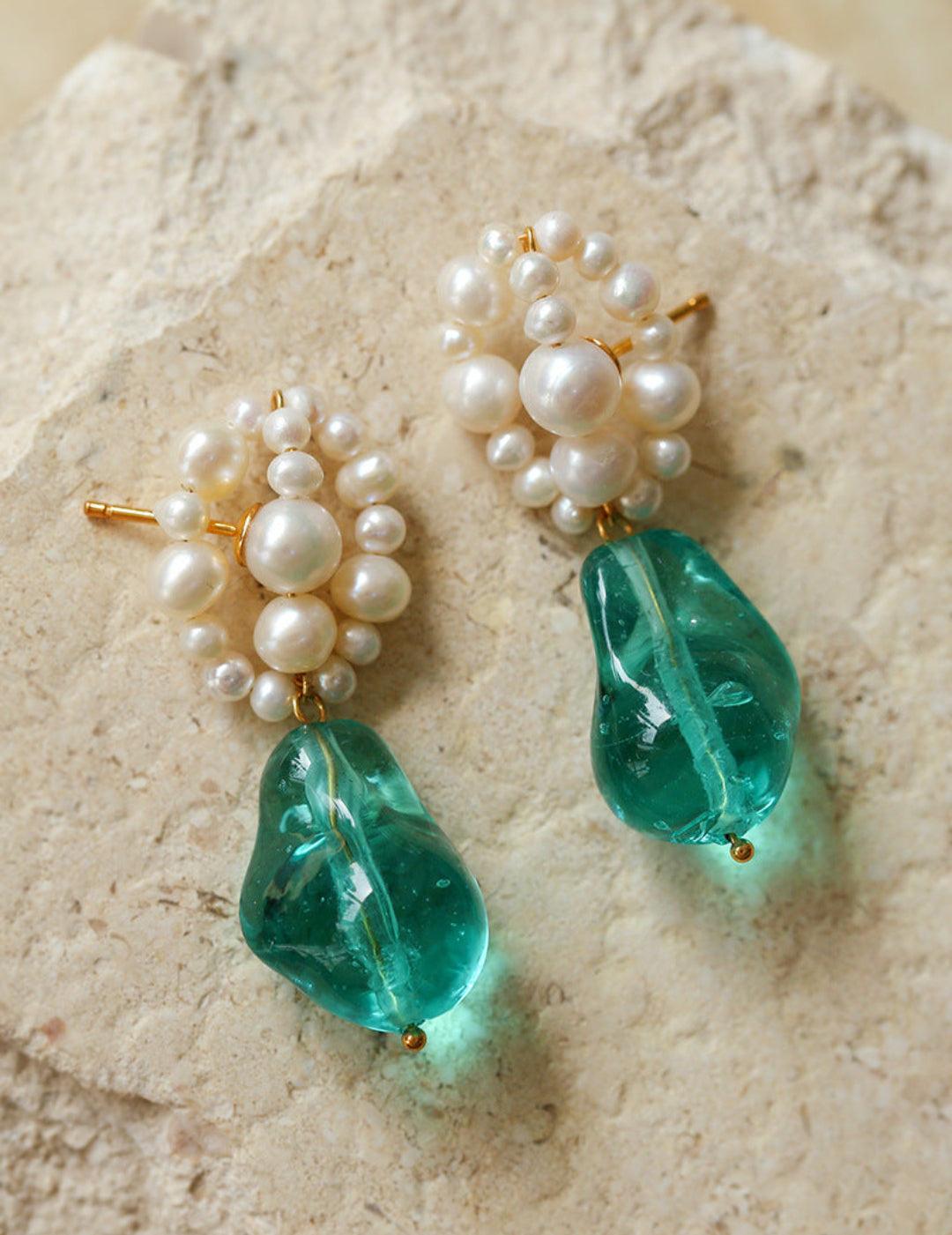 Blue Glazed Pearl Drop Earrings - Gembea Jewelry