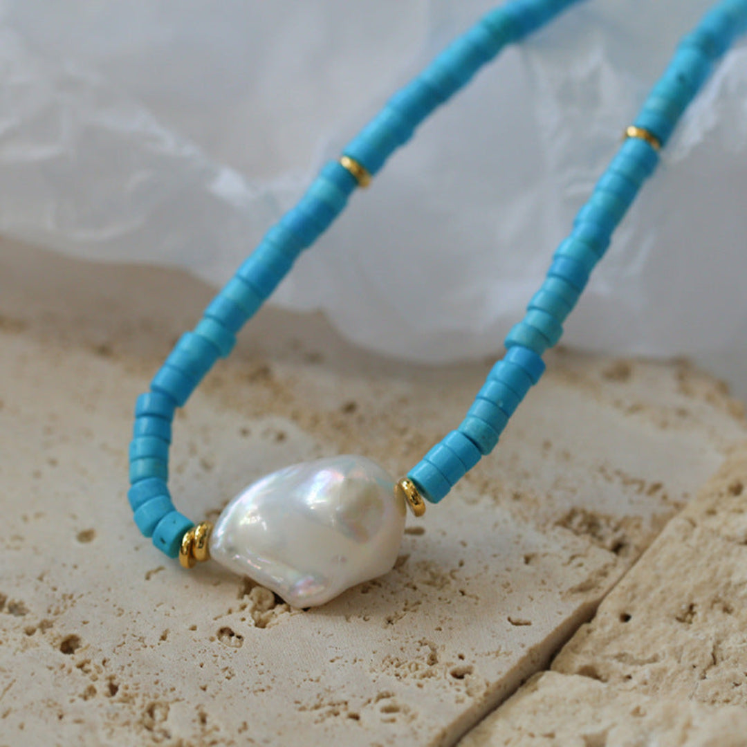 Blue Colored Stone Baroque Pearl Necklace