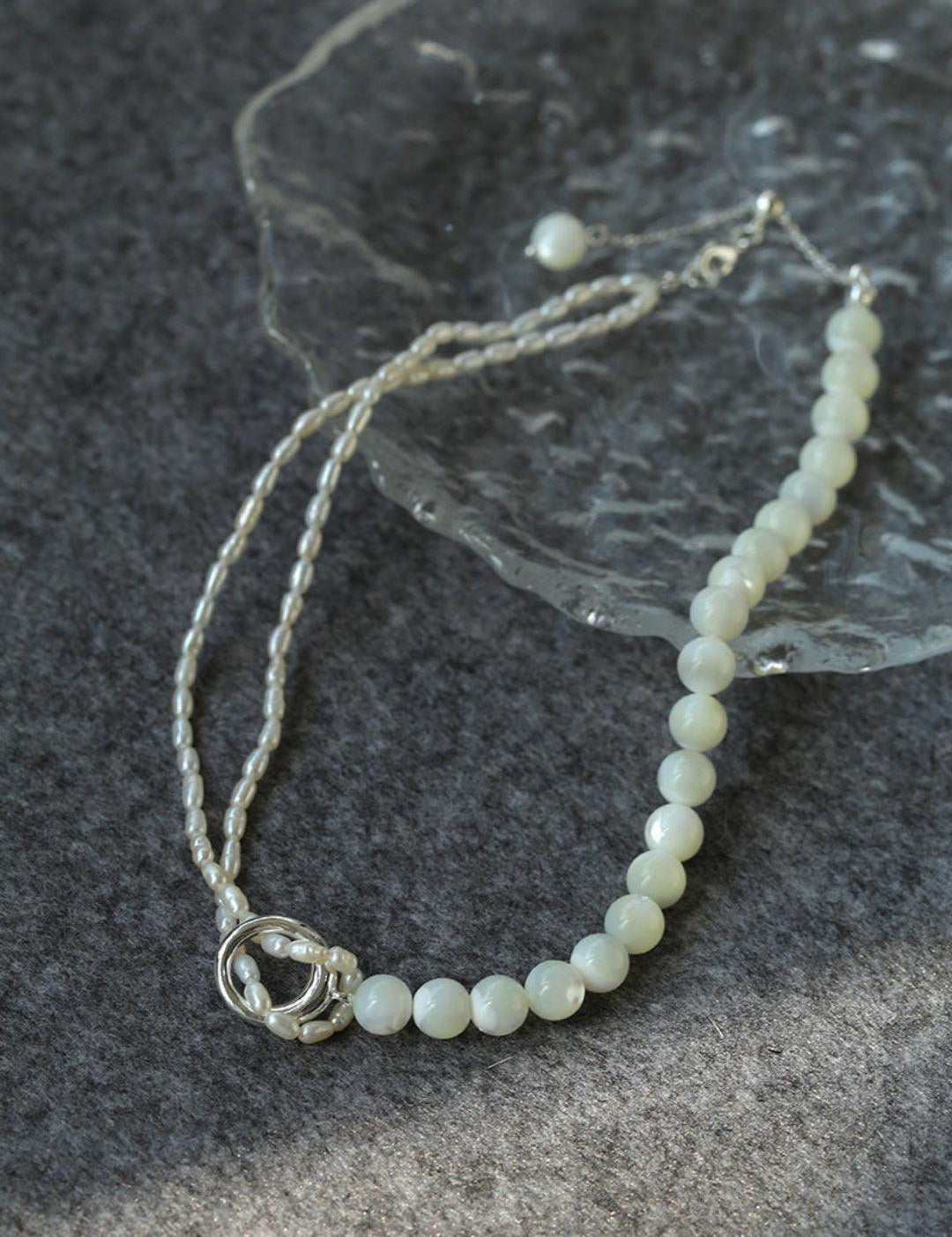 Round Buckle Rice Pearl White Shell Necklace - Gembea Jewelry