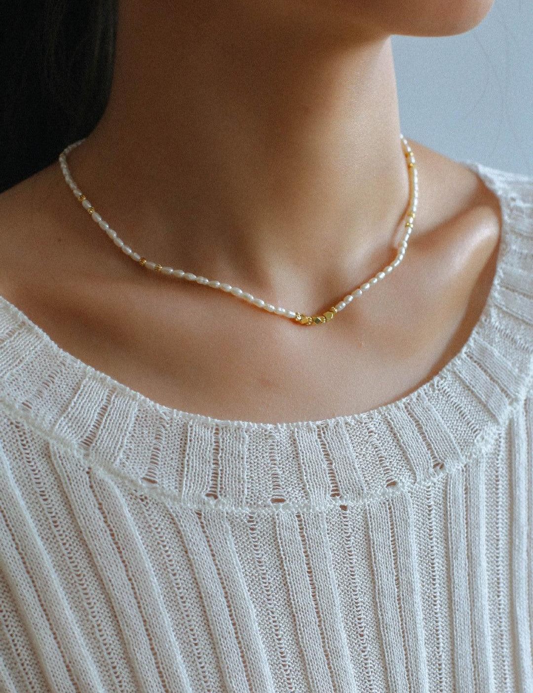 Small Golden Ball Rice Pearl Necklace - Gembea Jewelry