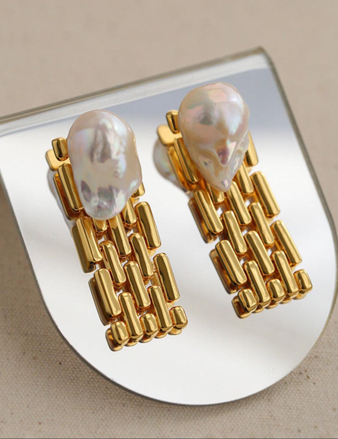 Wide Version Watch Chain Baroque Pearl Earrings - Gembea Jewelry