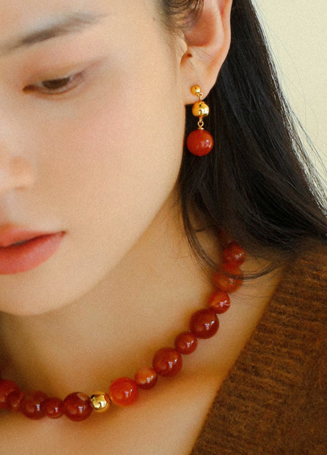 Primary Red Agate Round Earrings