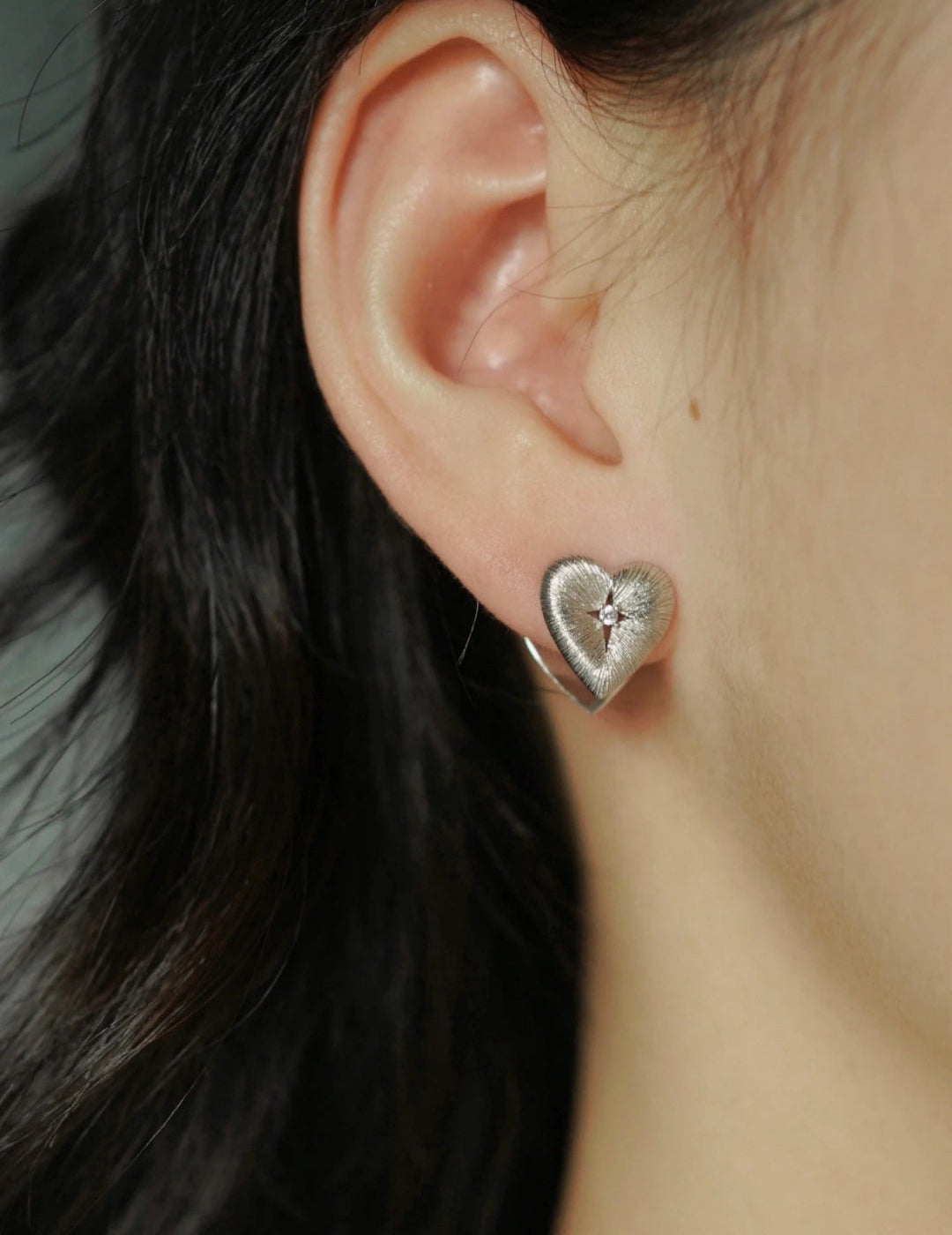 Silver Brushed Double-sided Heart Stud Earrings-Gembea Jewelry