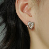 Silver Brushed Double-sided Heart Stud Earrings-Gembea Jewelry