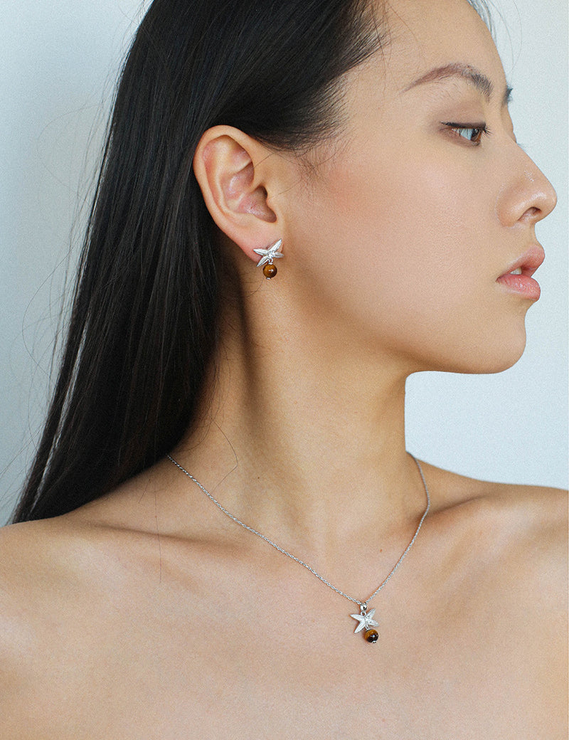 Silver Tiger's Eye Stone Stud Earrings-Gembea Jewelry