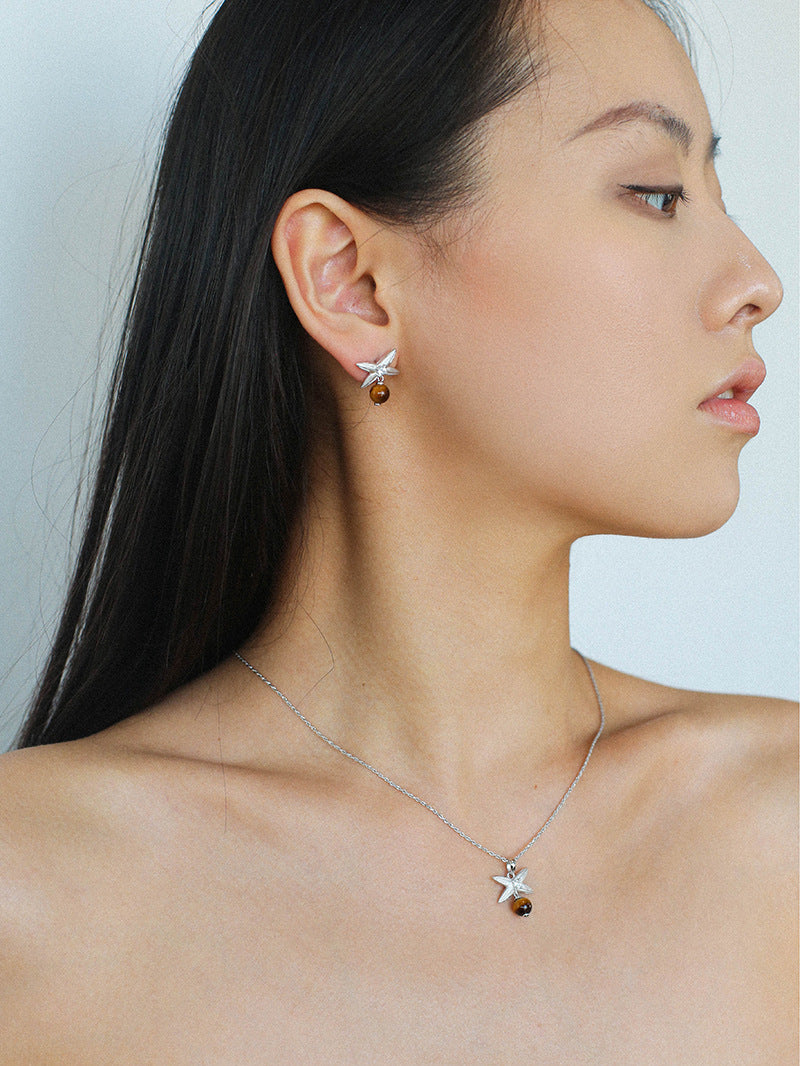 Silver Tiger's Eye Stone Stud Earrings-Gembea Jewelry