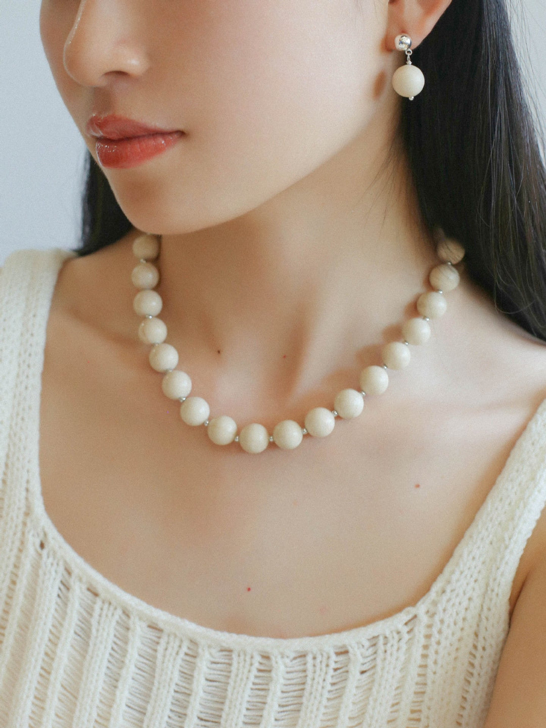 White Fossil Stone beaded necklace