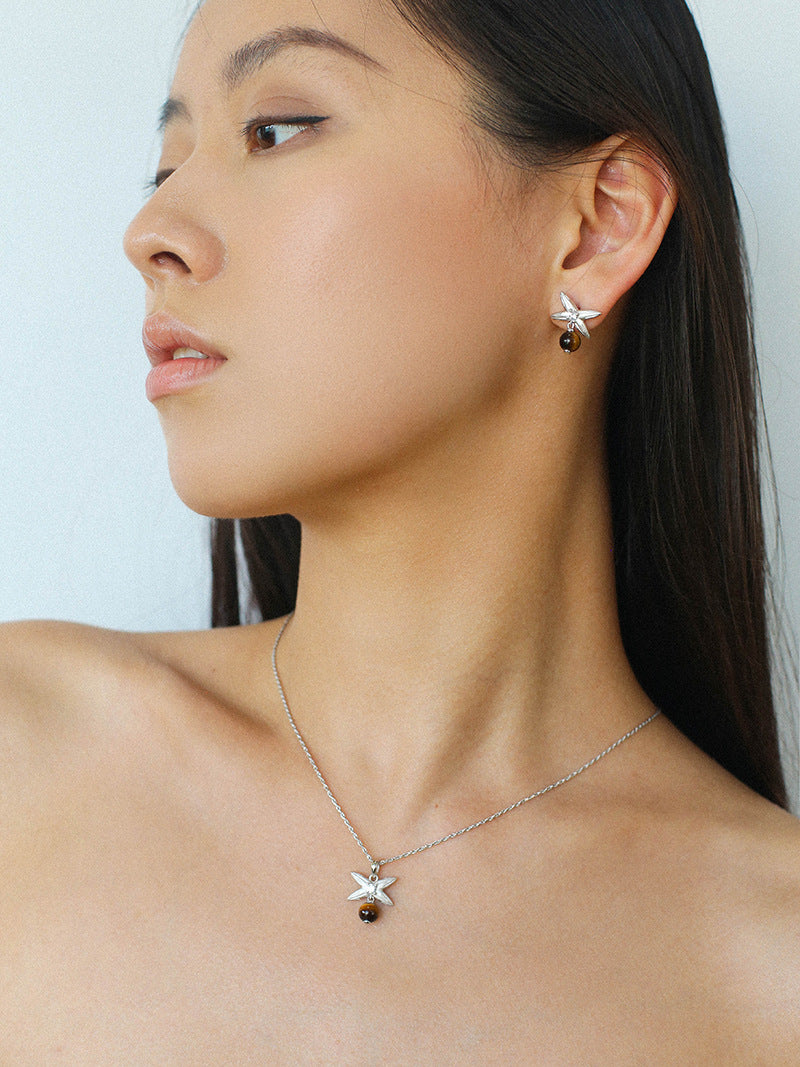 Silver Tiger's Eye Stone Stud Earrings-Gembea Jewelry