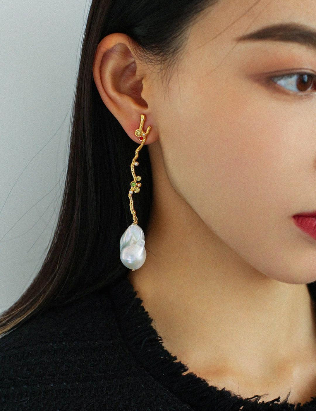 Long Tree Branch with Diamond Baroque Drop Earrings - Gembea Jewelry