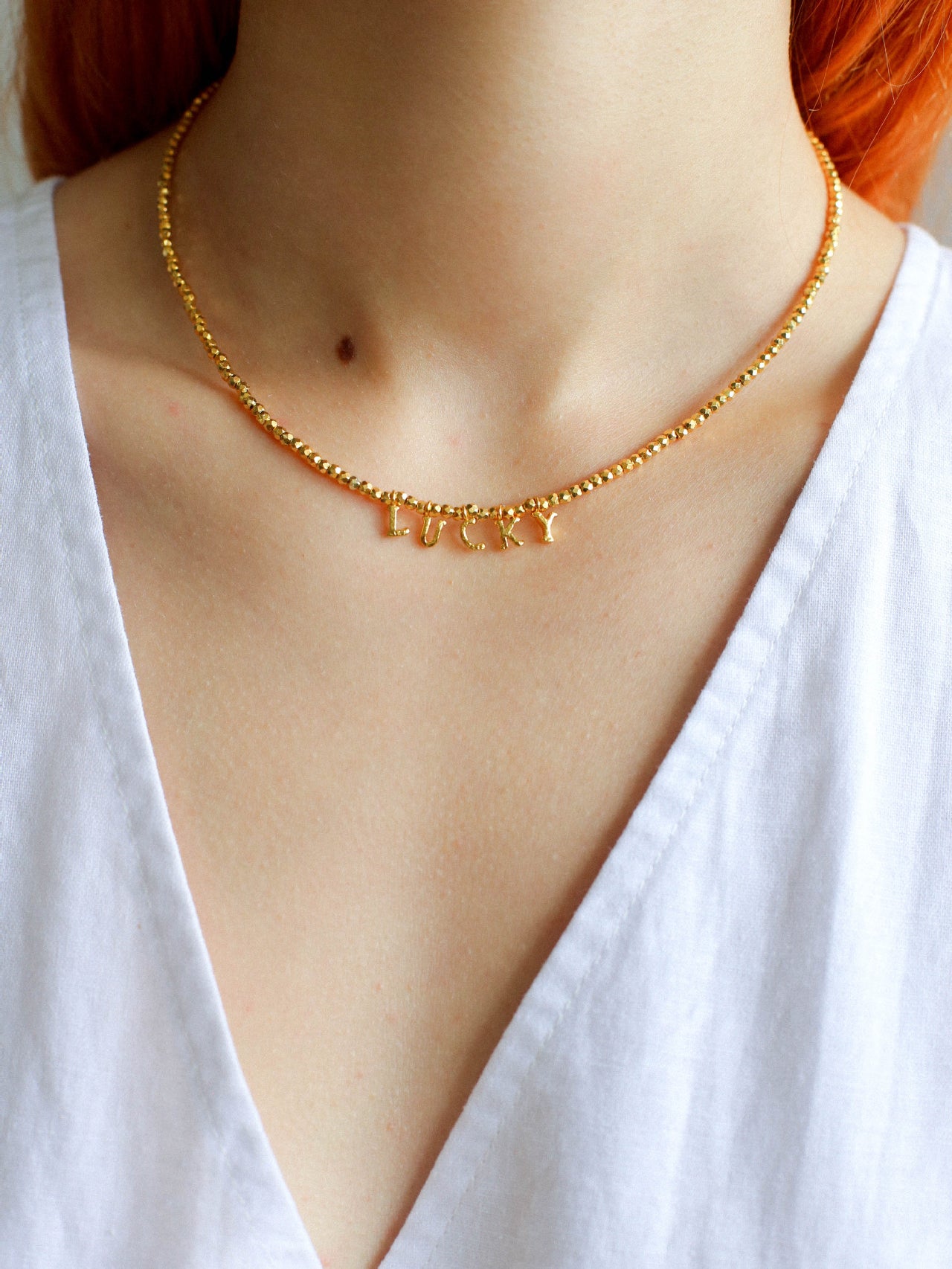 Laser Bead Lucky Letter Necklace-Gembea Jewelry