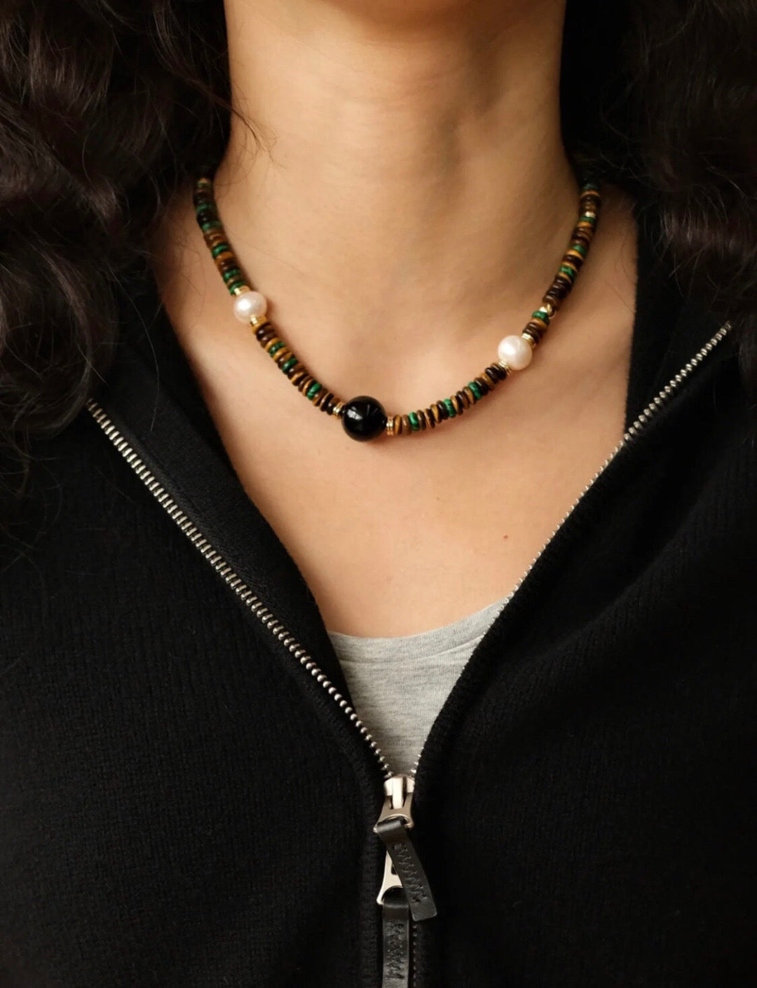 Black Agate Tiger-eye Stone Beaded Necklace