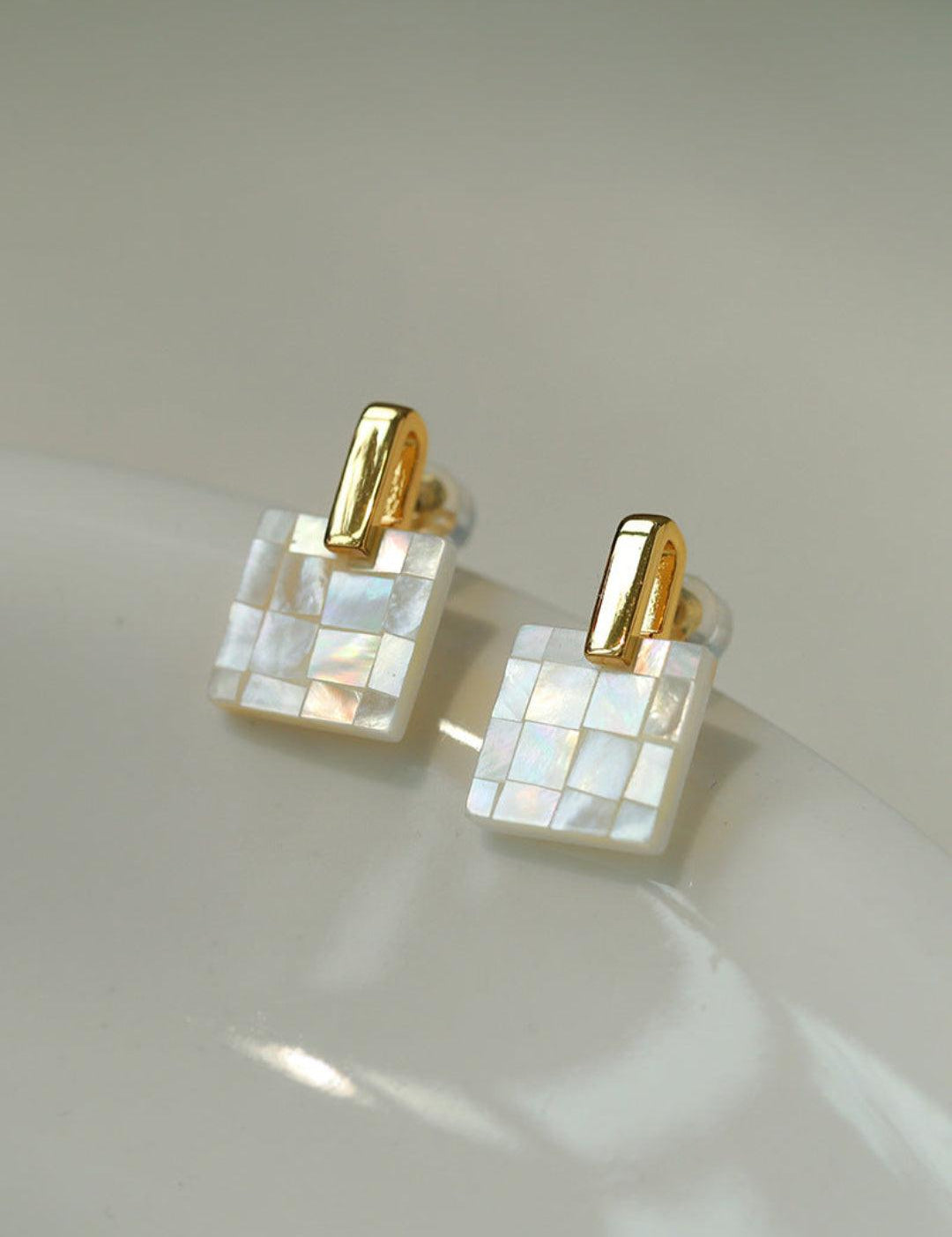 Splice white Mother of Pearl Checkerboard Earrings - Gembea Jewelry