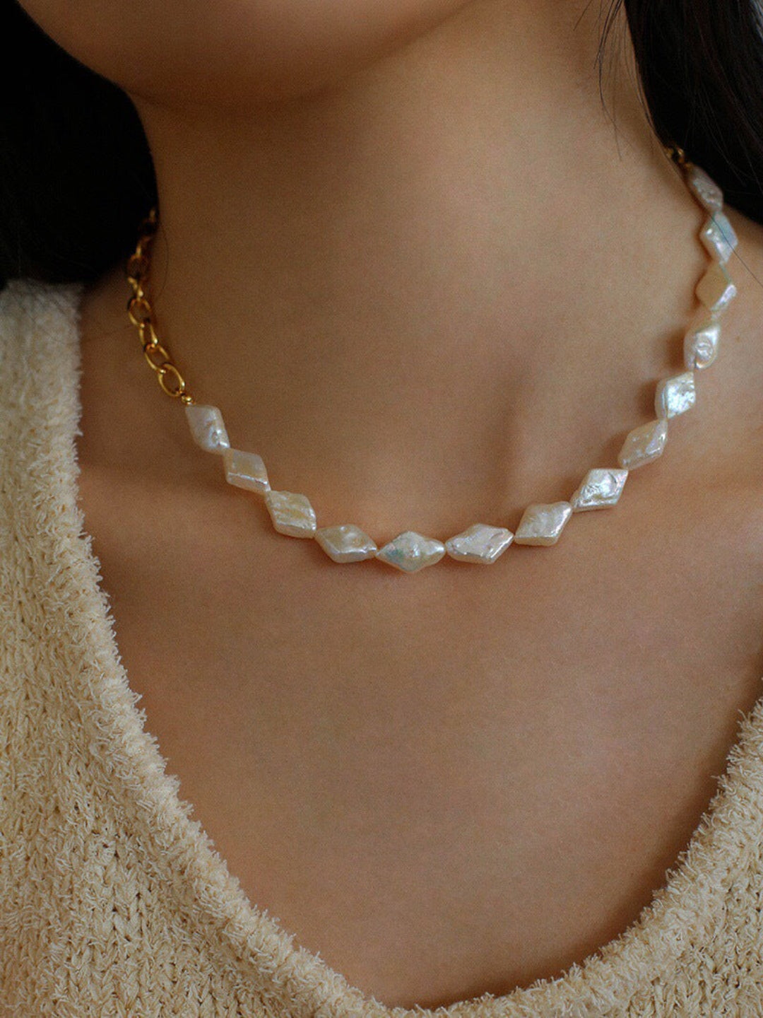 Diamond Baroque Chain Pearl Necklace