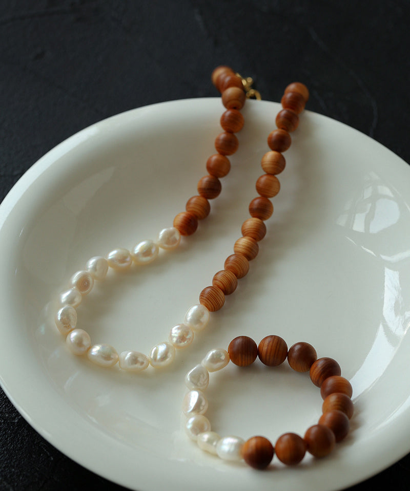 Wood Grain Bead Baroque Pearl Necklace-Gembea Jewelry