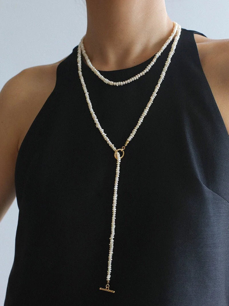 OT Clasp Long Minimalist Pearl Beaded Necklace-Gembea Jewelry