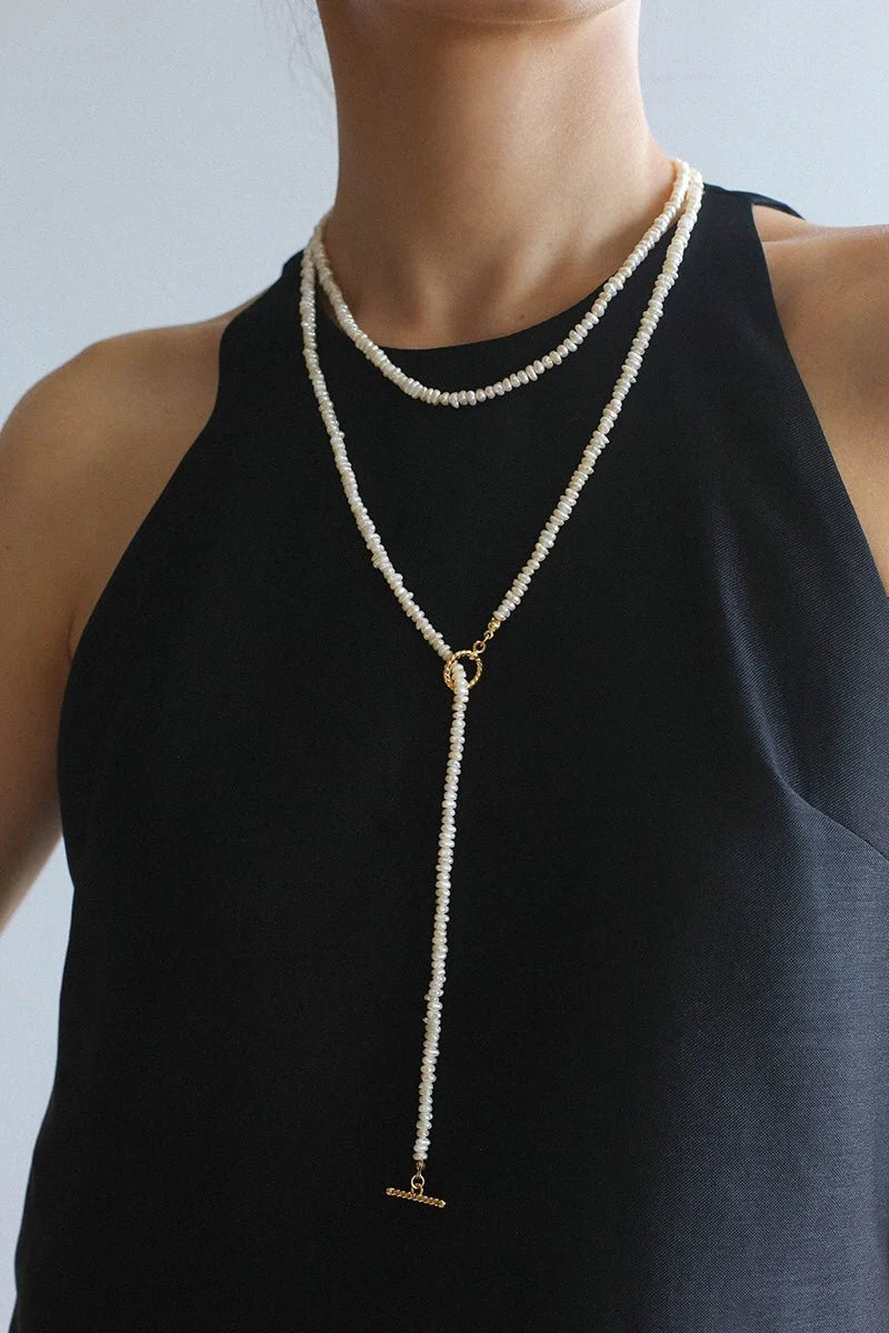 OT Clasp Long Minimalist Pearl Beaded Necklace-Gembea Jewelry