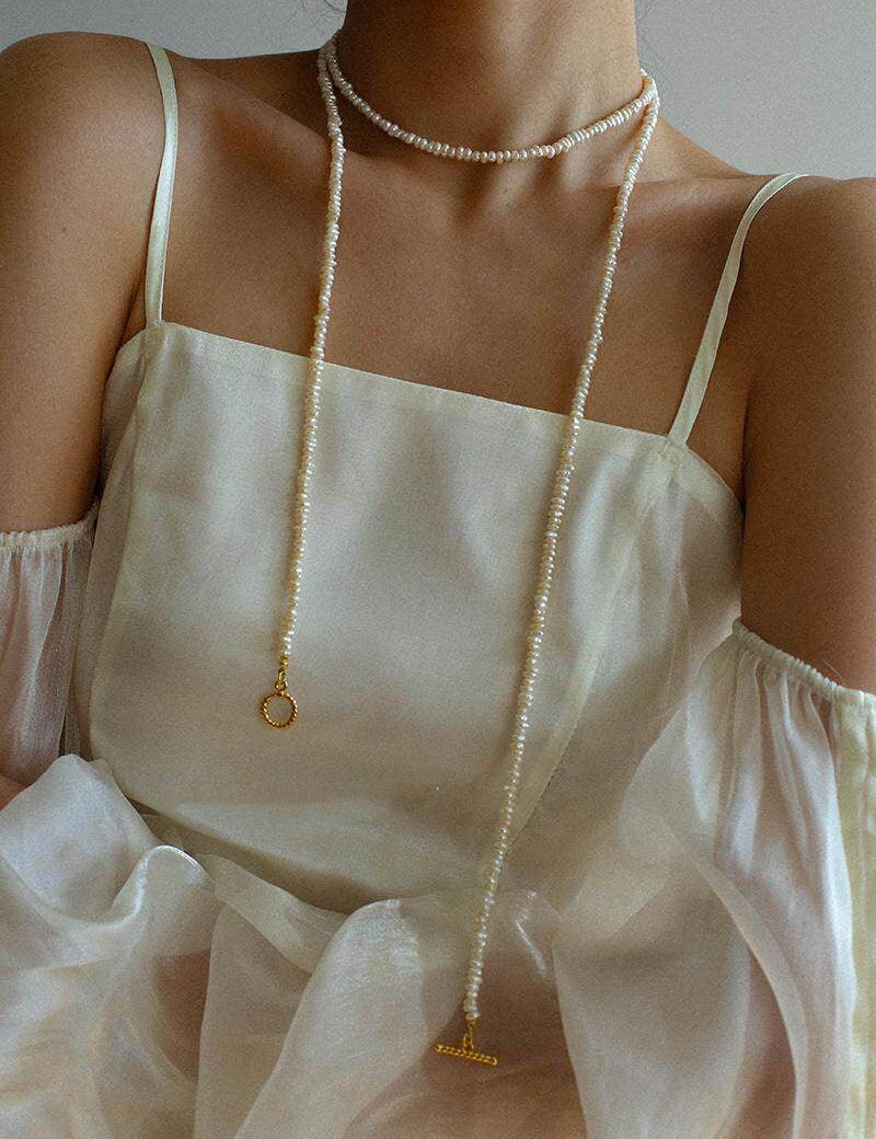 OT Clasp Long Minimalist Pearl Beaded Necklace-Gembea Jewelry