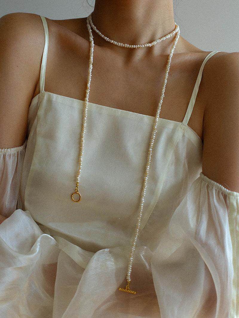 OT Clasp Long Minimalist Pearl Beaded Necklace-Gembea Jewelry