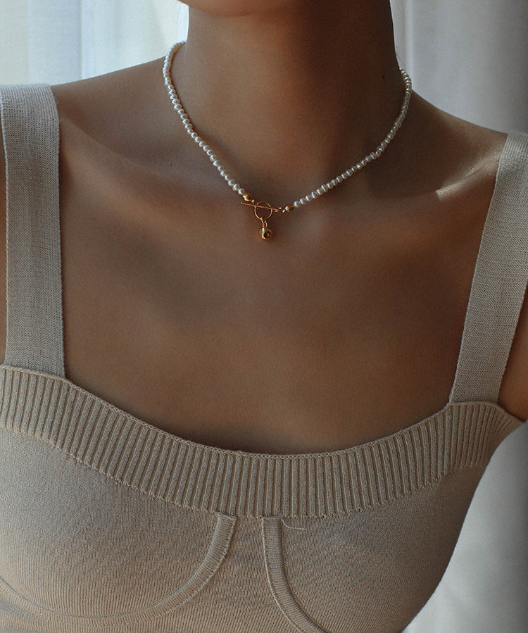 OT Gold Ball Pendant Pearl Beaded Necklace gembea jewelry