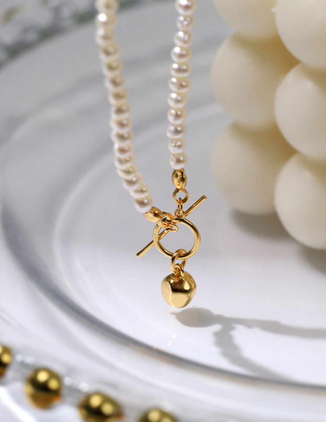 OT Gold Ball Pendant Pearl Beaded Necklace gembea jewelry
