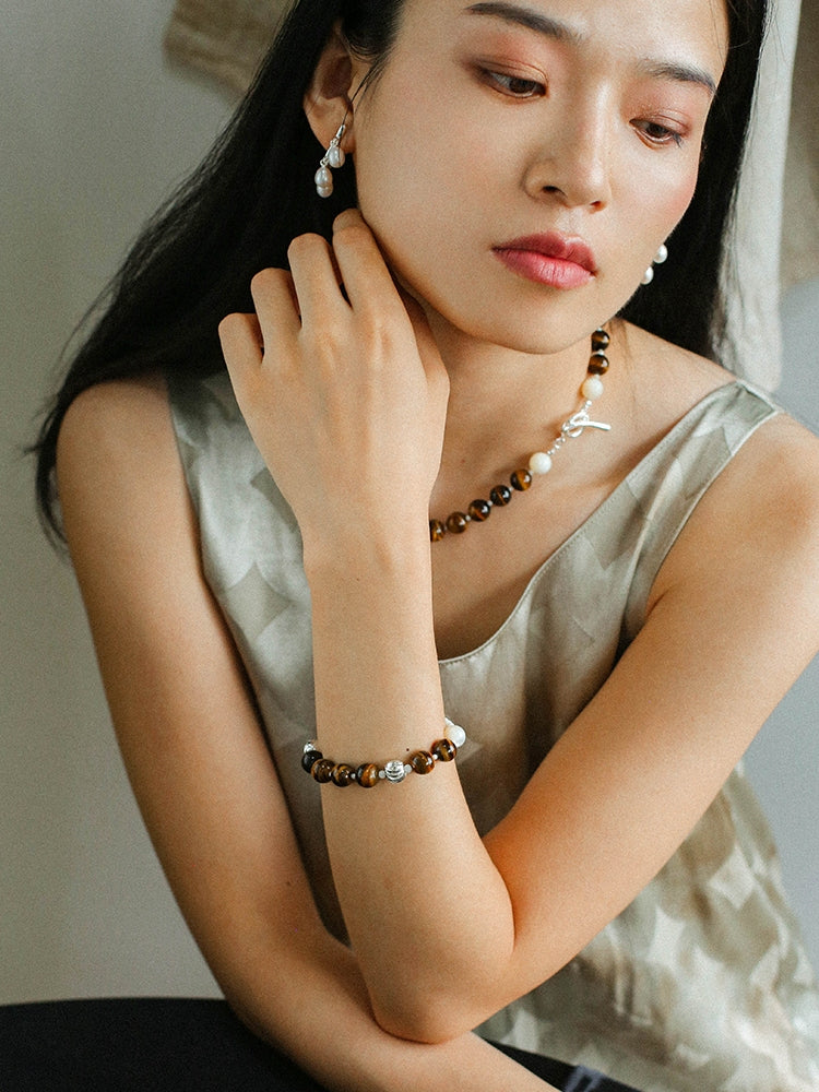 OT Tiger's Eye Silver Shell Beaded Bracelet gembea jewelry