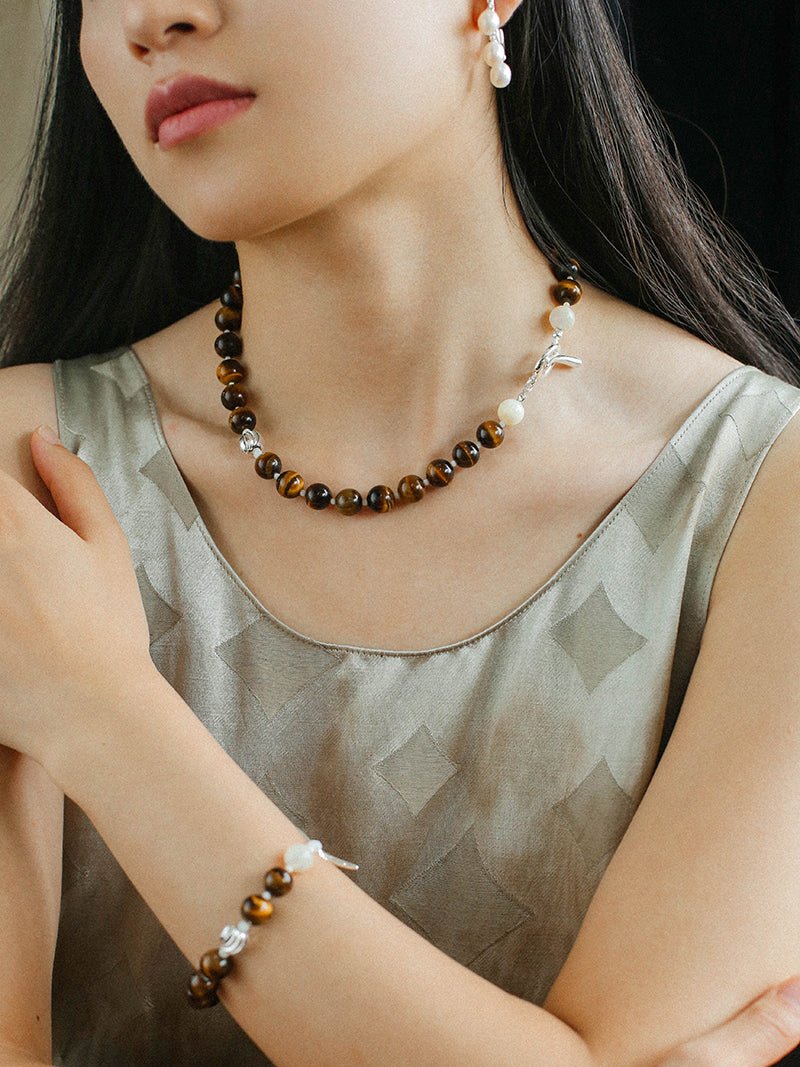 OT Tiger's Eye Silver Shell Beaded Bracelet gembea jewelry
