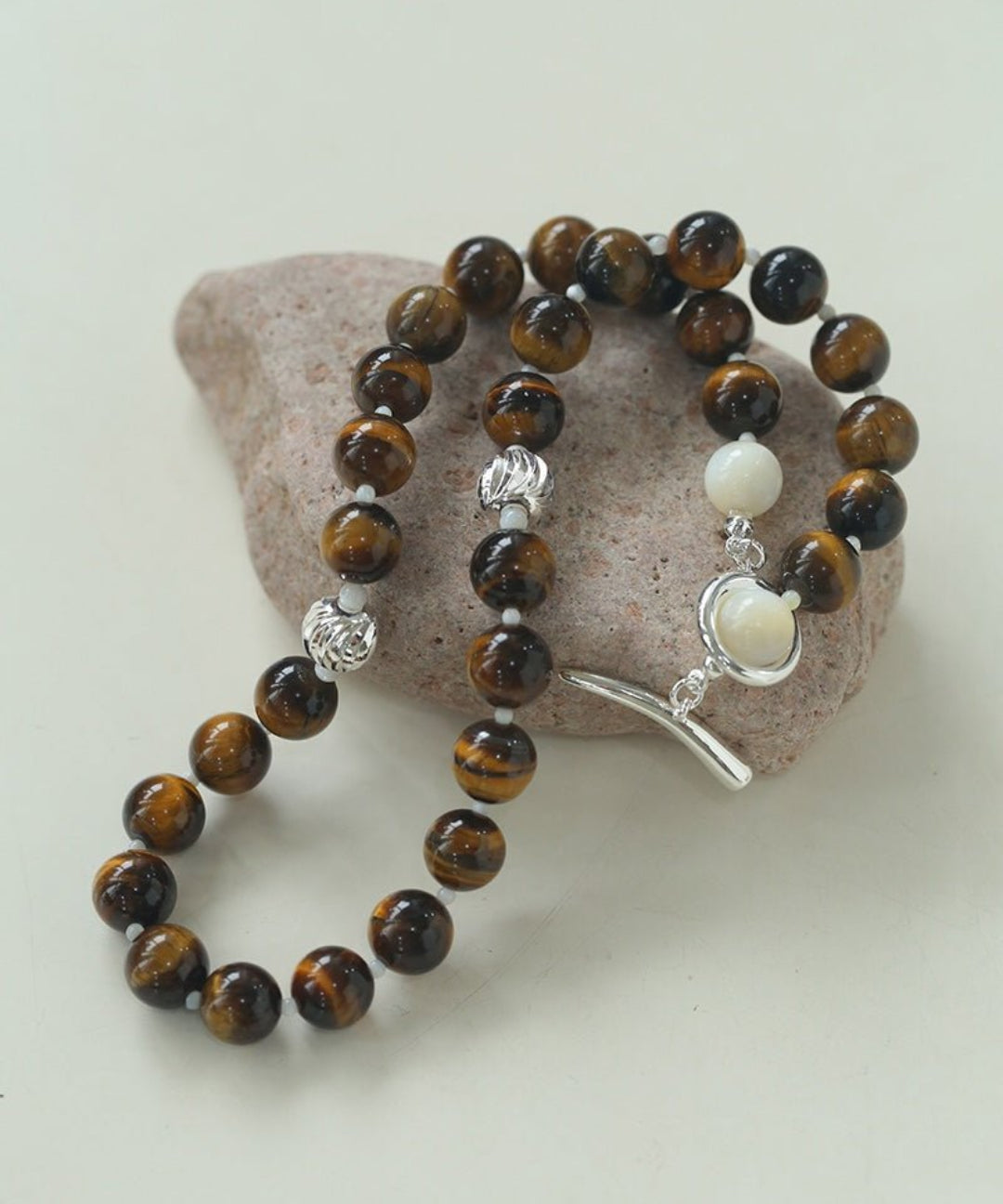 OT Tiger's Eye Silver Shell Beaded Necklace gembea jewelry
