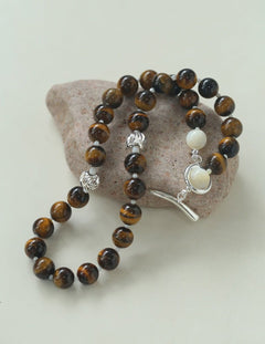 OT Tiger's Eye Silver Shell Beaded Necklace gembea jewelry