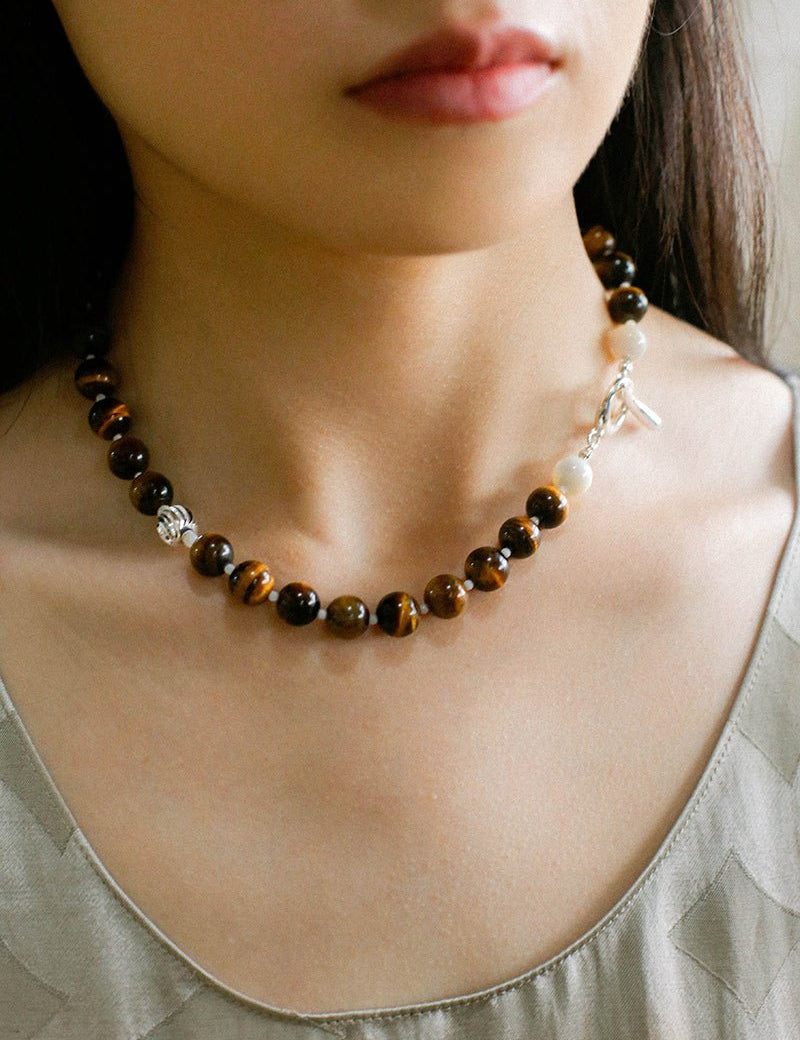 OT Tiger's Eye Silver Shell Beaded Necklace gembea jewelry