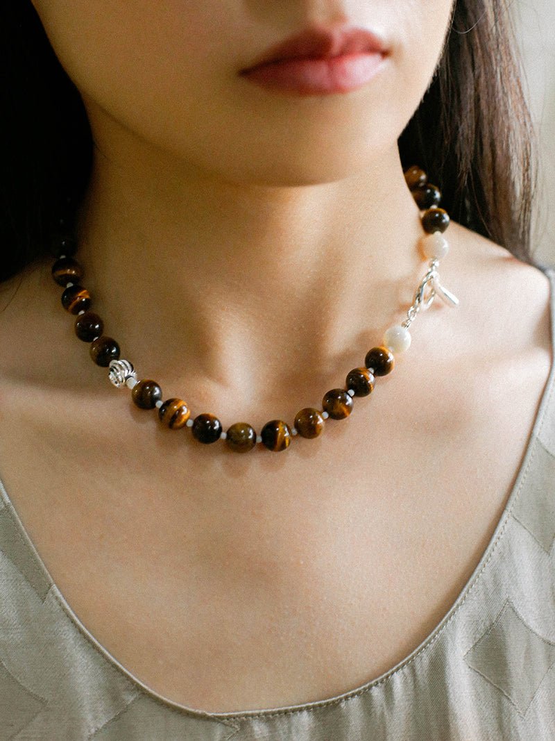 OT Tiger's Eye Silver Shell Beaded Necklace gembea jewelry