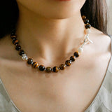 OT Tiger's Eye Silver Shell Beaded Necklace gembea jewelry