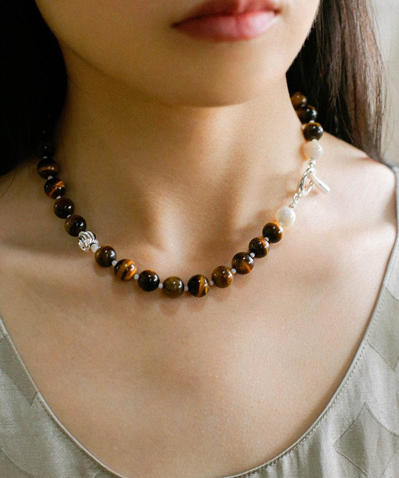OT Tiger's Eye Silver Shell Beaded Necklace gembea jewelry