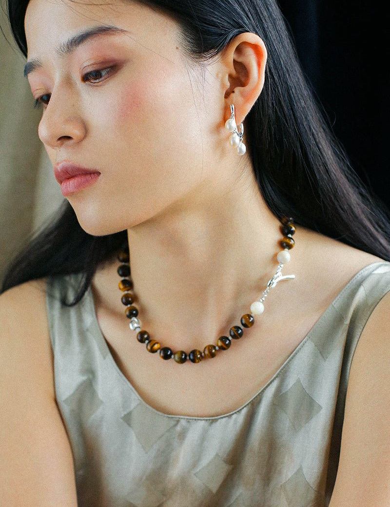 OT Tiger's Eye Silver Shell Beaded Necklace gembea jewelry
