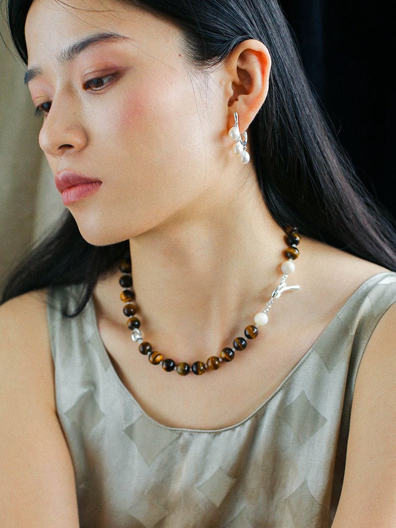 OT Tiger's Eye Silver Shell Beaded Necklace gembea jewelry