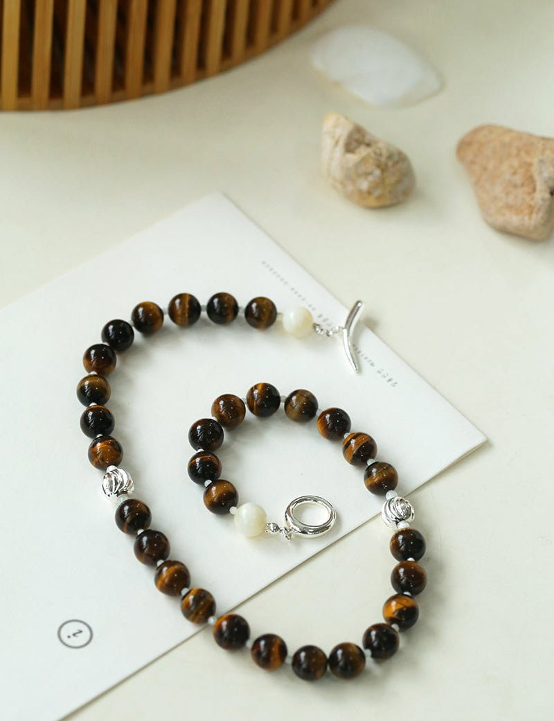 OT Tiger's Eye Silver Shell Beaded Necklace gembea jewelry