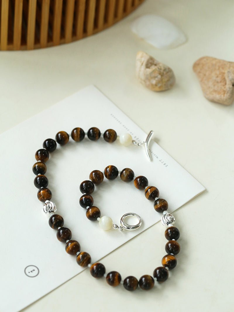 OT Tiger's Eye Silver Shell Beaded Necklace gembea jewelry