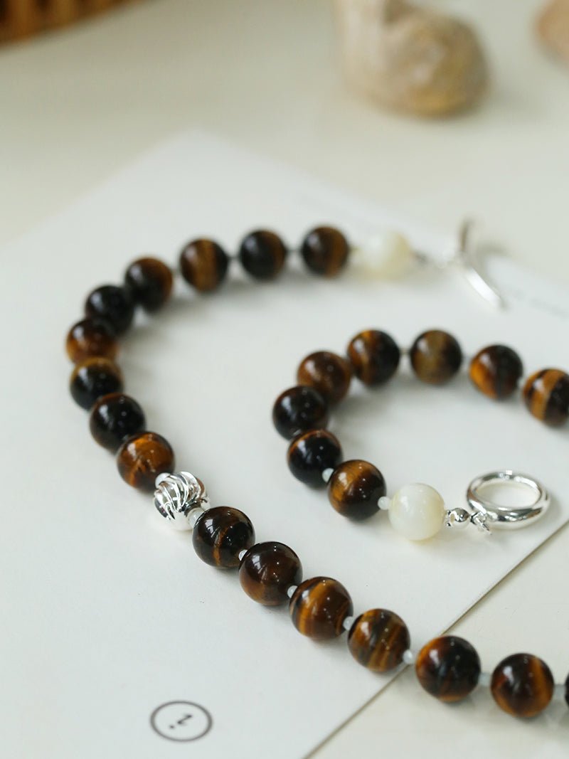 OT Tiger's Eye Silver Shell Beaded Necklace gembea jewelry