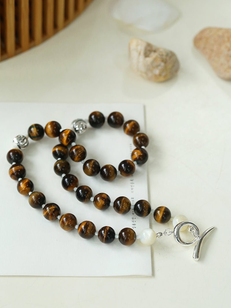 OT Tiger's Eye Silver Shell Beaded Necklace gembea jewelry