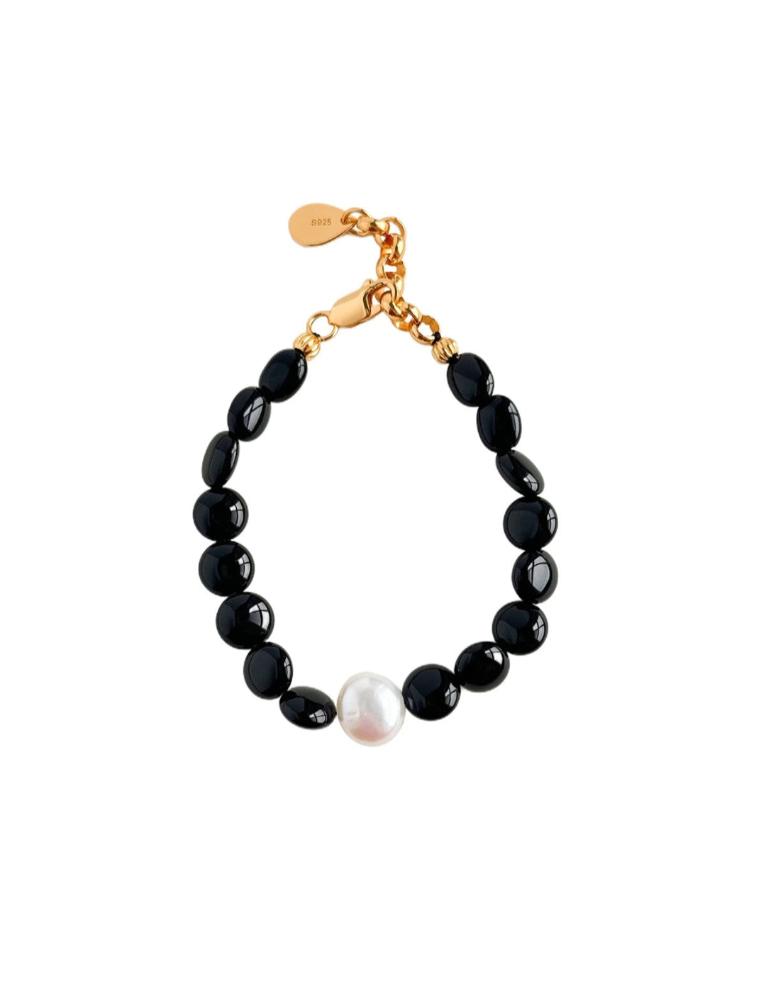 Oval-shaped Black Agate Bead Pearl Bracelet GEMBEA JEWELRY