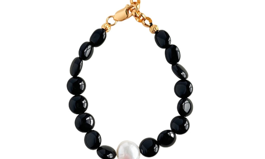 Oval-shaped Black Agate Bead Pearl Bracelet GEMBEA JEWELRY